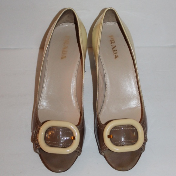 SOLD - Prada Two Tone Large Buckle Italy Heels 40/US 10 - Picture 2 of 8